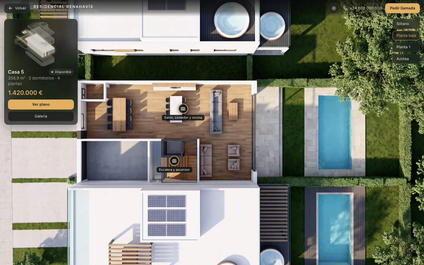 La casa 5 sin tejado, con la planta baja amueblada y su ficha de precio