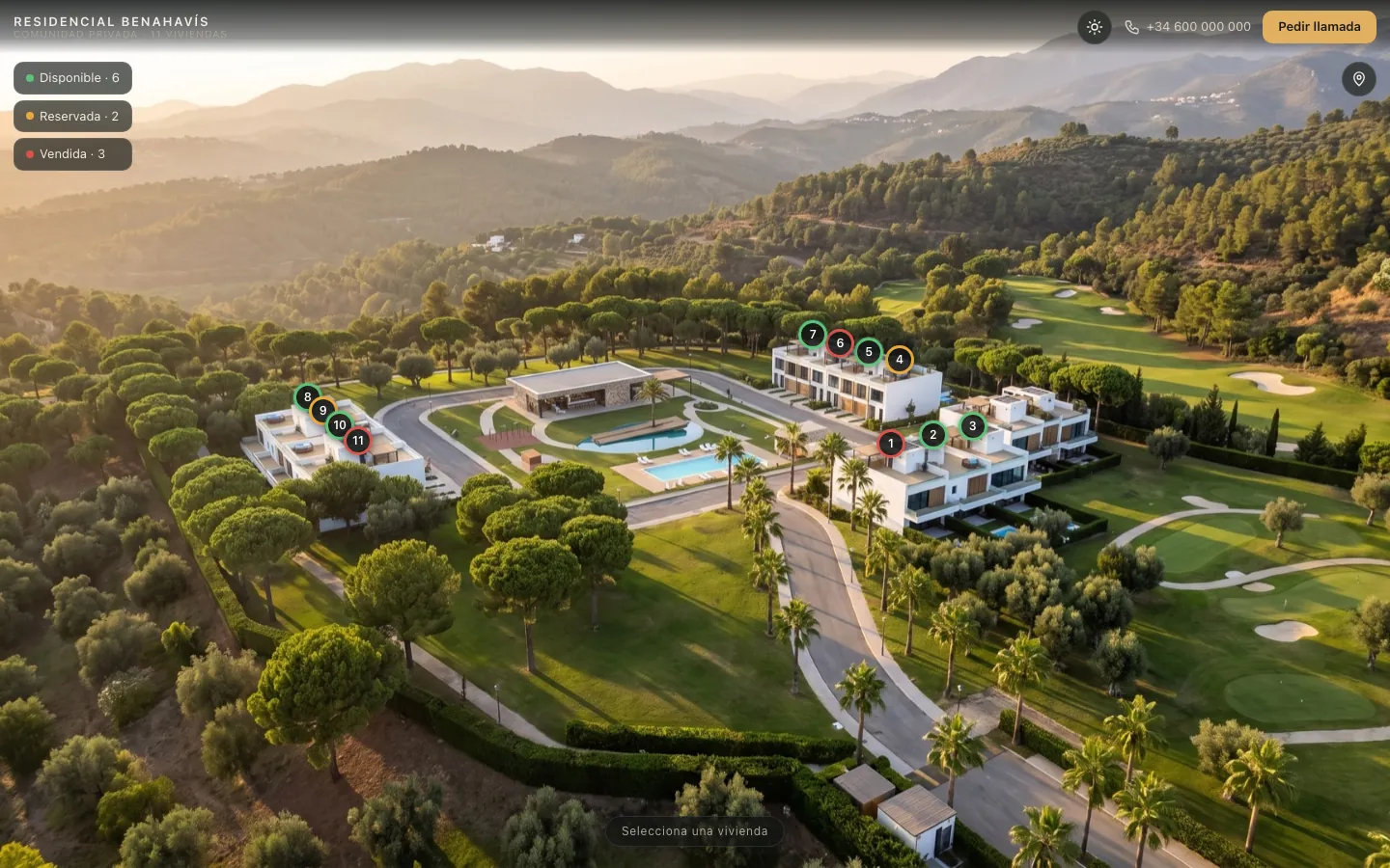Masterplan de Residencial Benahavís con las once casas marcadas según su estado