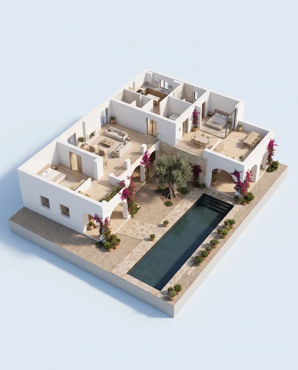 Villa andaluza sin tejado, con las estancias amuebladas alrededor del patio