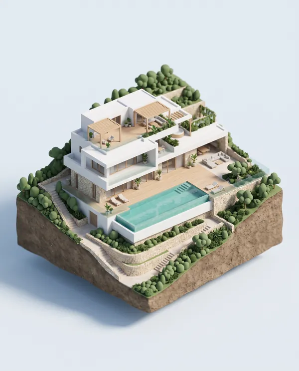Maqueta 3D de una villa en ladera con piscina infinita