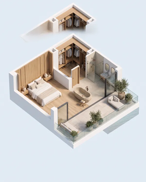 Planta 3D de la suite principal con baño, vestidor y terraza