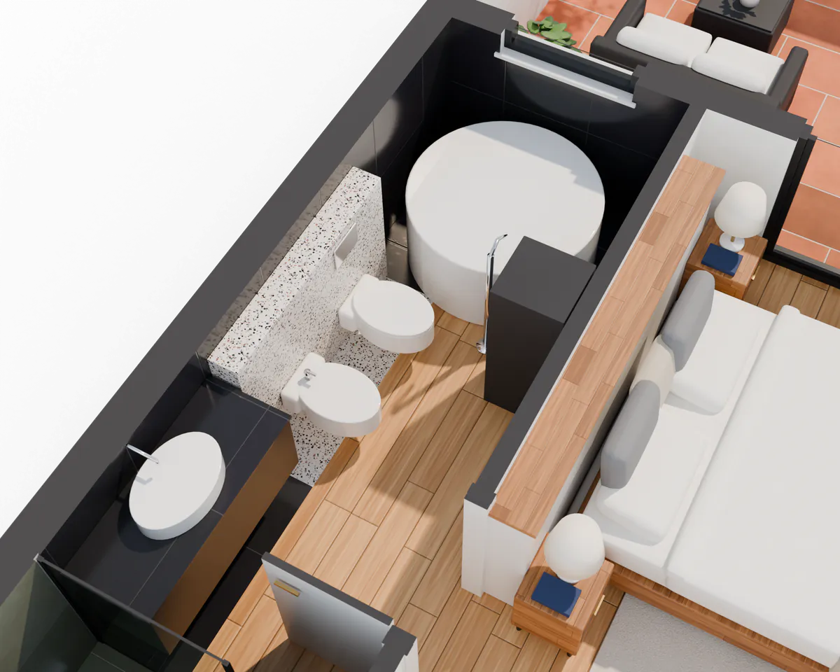 Render 3D del baño en suite de la villa anonimizada, con bañera exenta redonda, porcelánico negro y pared de terrazo.