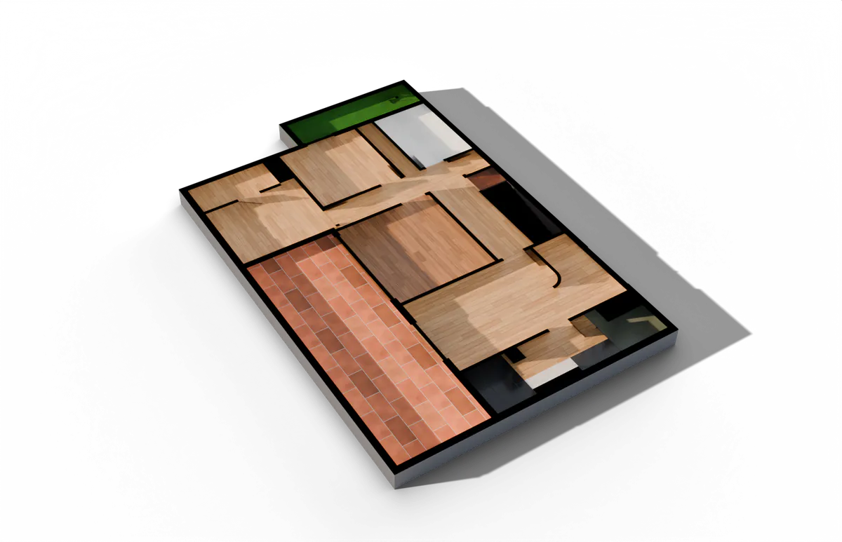 Exploded axonometric of the villa: floor slab, walls and furniture. Render generated from the 2D floor plan.