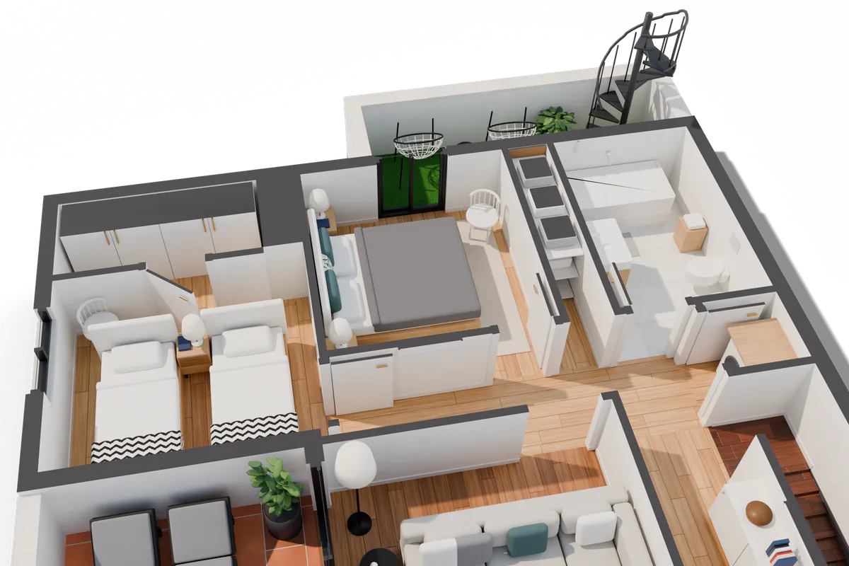 Render 3D del ala de dormitorios y del baño completo de la villa anonimizada, con la terraza de césped y la escalera de caracol.