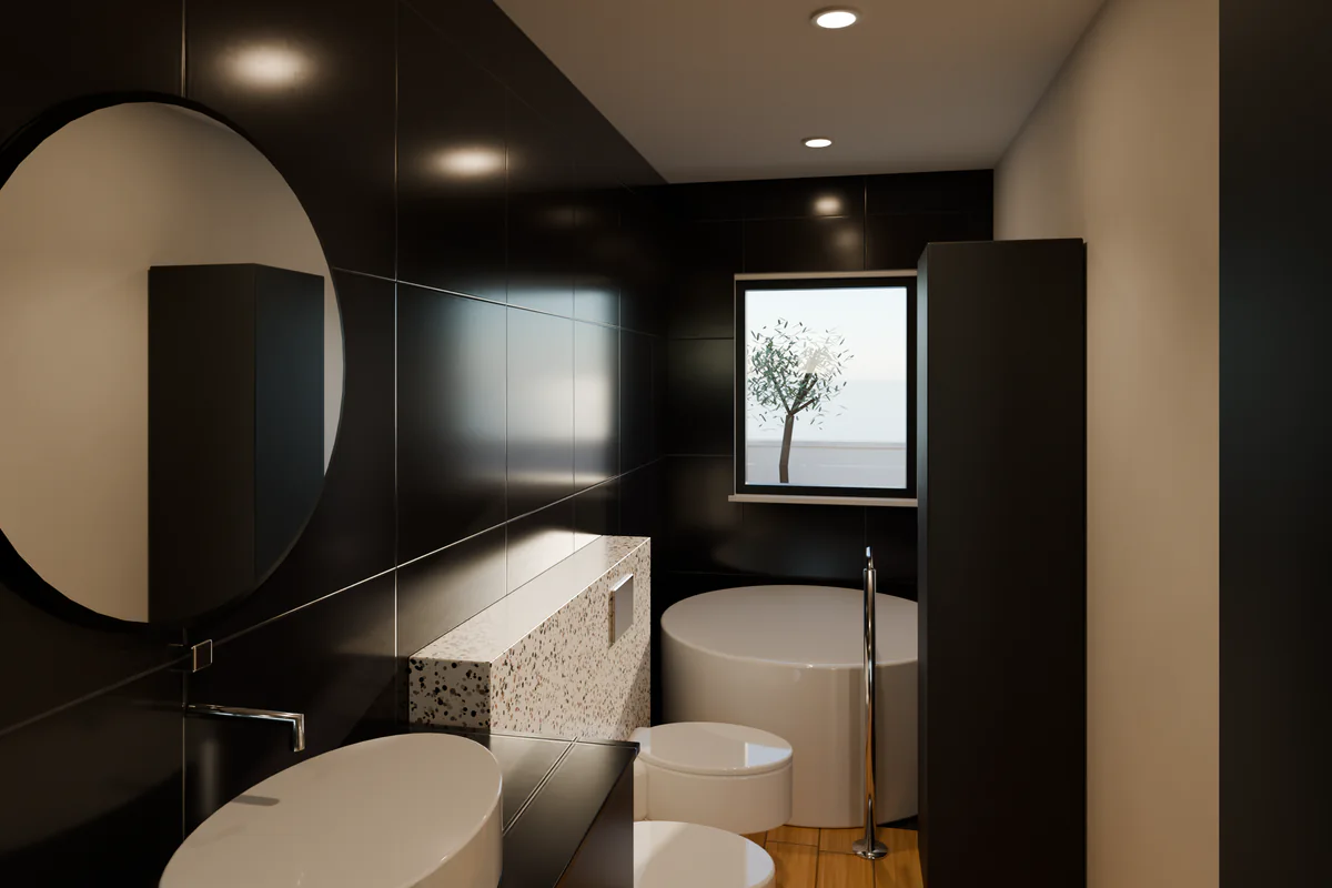 Render 3D a la altura de los ojos del baño en suite de la villa anonimizada: bañera exenta redonda, porcelánico negro, espejo redondo y pared de terrazo.