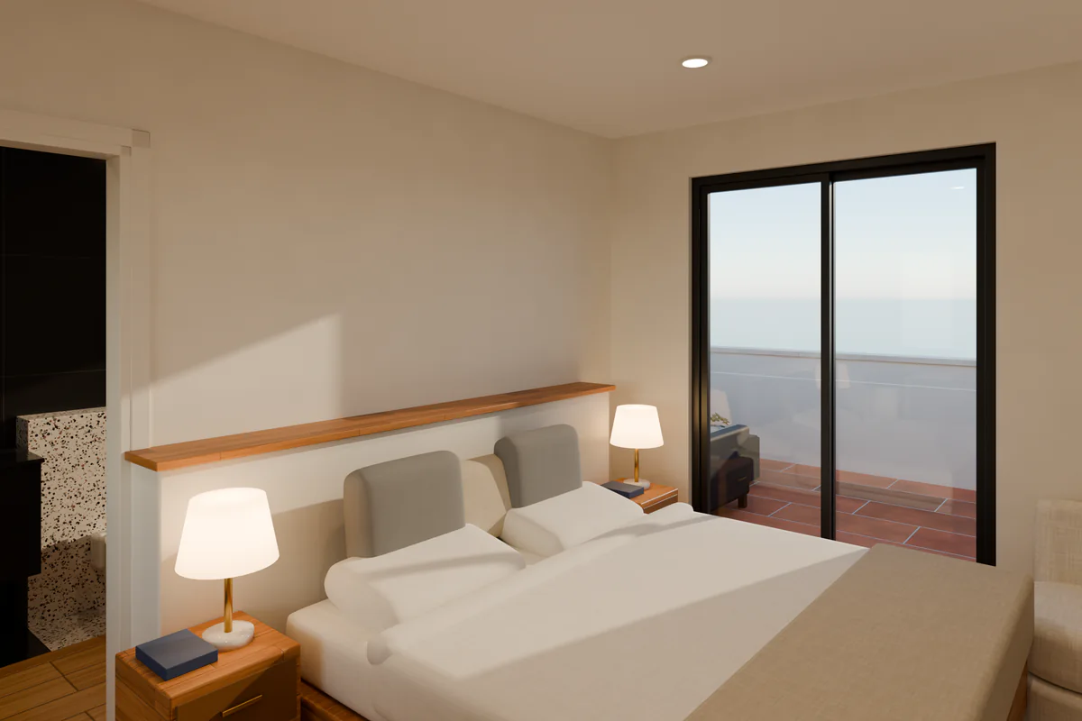 Render 3D a la altura de los ojos del dormitorio principal de la villa anonimizada: cama de 180 con cabecero de obra, lámparas de mesilla encendidas y puerta corredera a la terraza.
