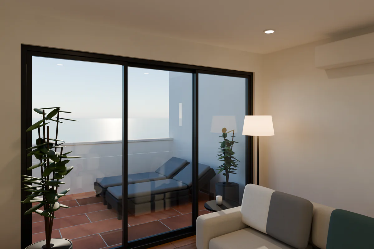 Render 3D a la altura de los ojos del salón de la villa anonimizada: sofá, lámpara de pie encendida y tres hojas correderas abiertas a la terraza con tumbonas.