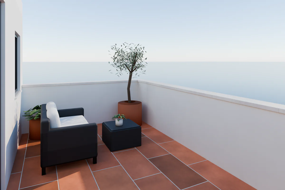 Render 3D a la altura de los ojos de la terraza principal de la villa anonimizada: suelo de barro cocido, sofá exterior, mesa baja y un olivo en maceta.