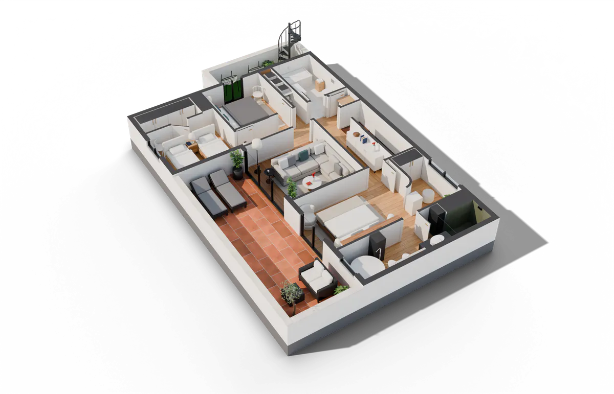 Maqueta 3D de la planta alta de la villa seccionada a 1,15 m, vista aérea en tres cuartos con las estancias amuebladas. Render 3D de la villa anonimizada de la Costa del Sol.