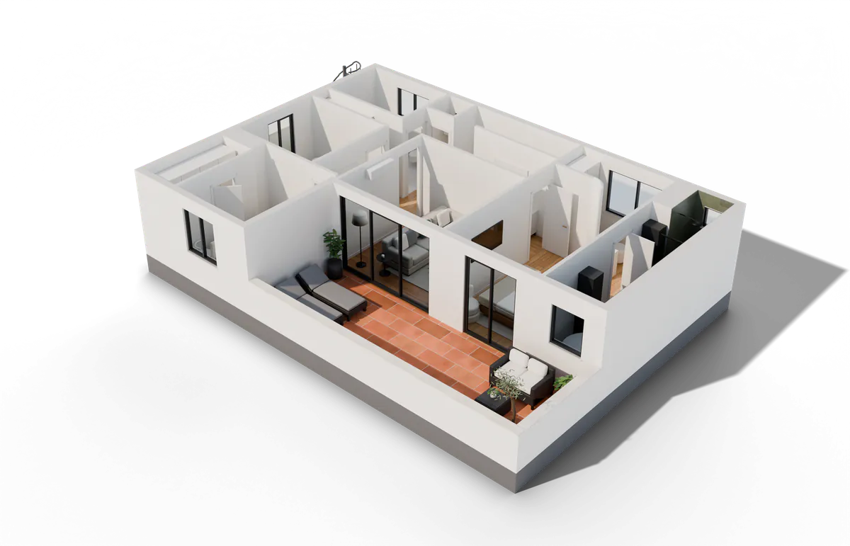 Render 3D de la villa anonimizada con los muros a su altura completa de 2,60 m, vista aérea exterior en tres cuartos.