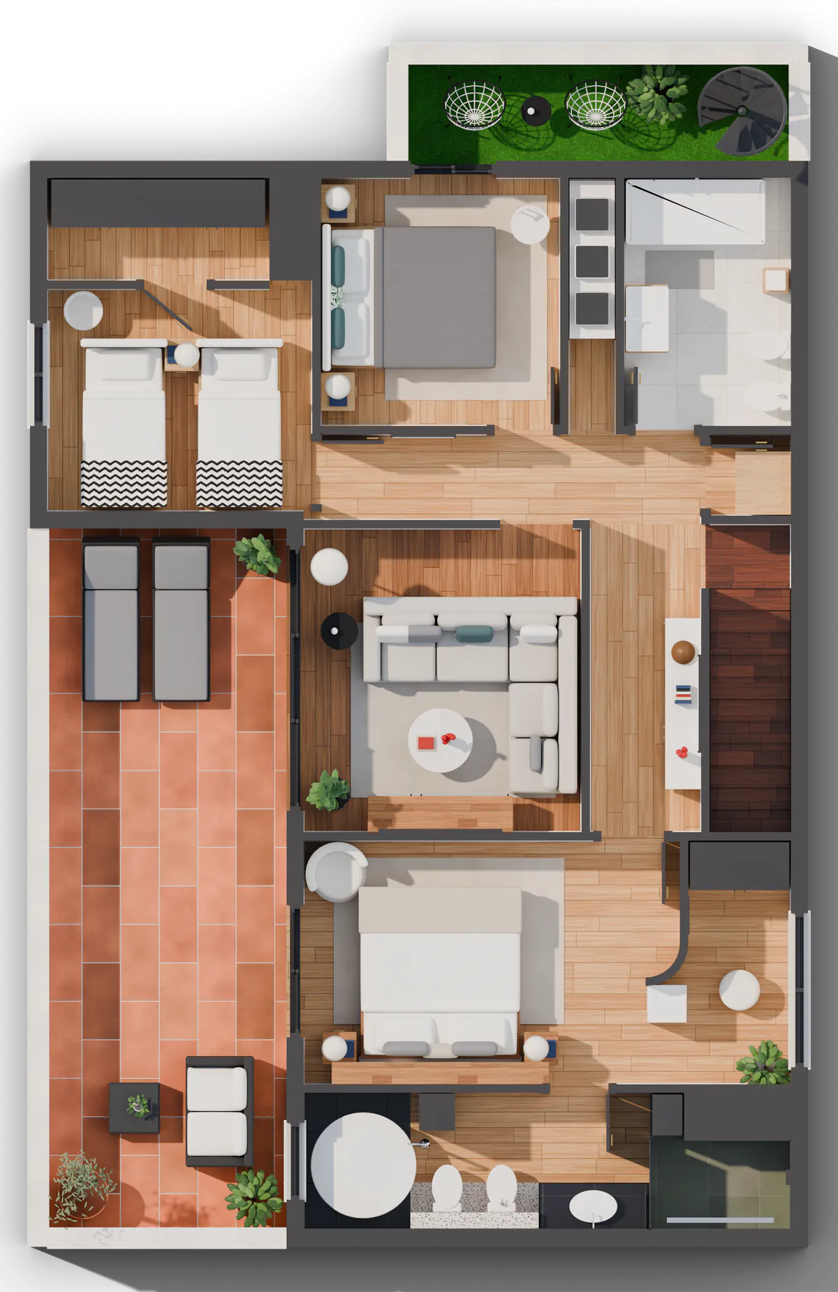 Planta cenital a color de la misma villa: render 3D generado a partir del plano 2D, con la misma cámara.
