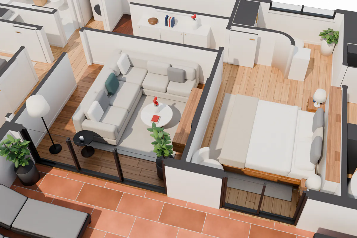 Render 3D del salón con sofá rinconera y del dormitorio principal de la villa anonimizada, con luz de media tarde.