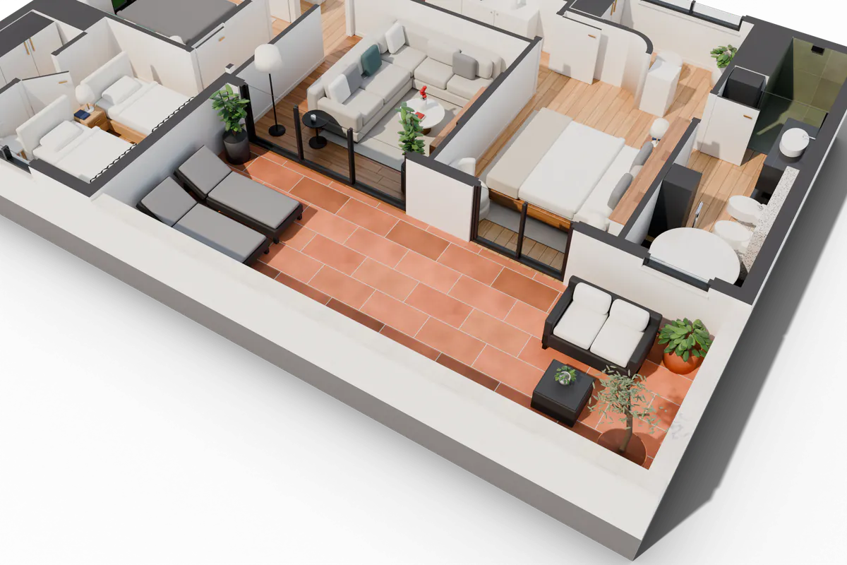 Render 3D de la terraza principal de la villa anonimizada, con suelo de barro cocido, dos tumbonas, sofá exterior y un olivo en maceta.