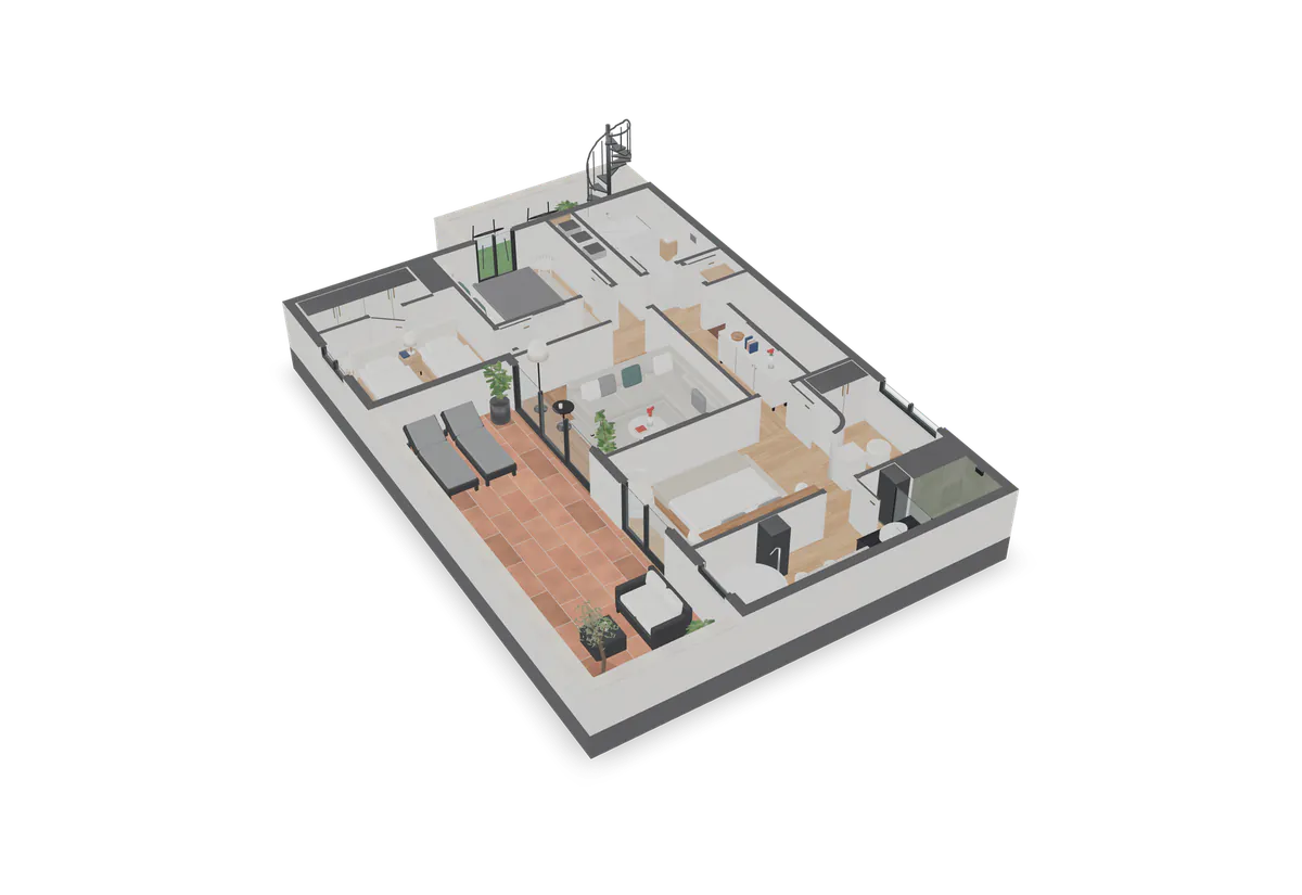 Render 3D de la planta alta de la villa con los muros cortados a 1,15 m, generado a partir del plano 2D
